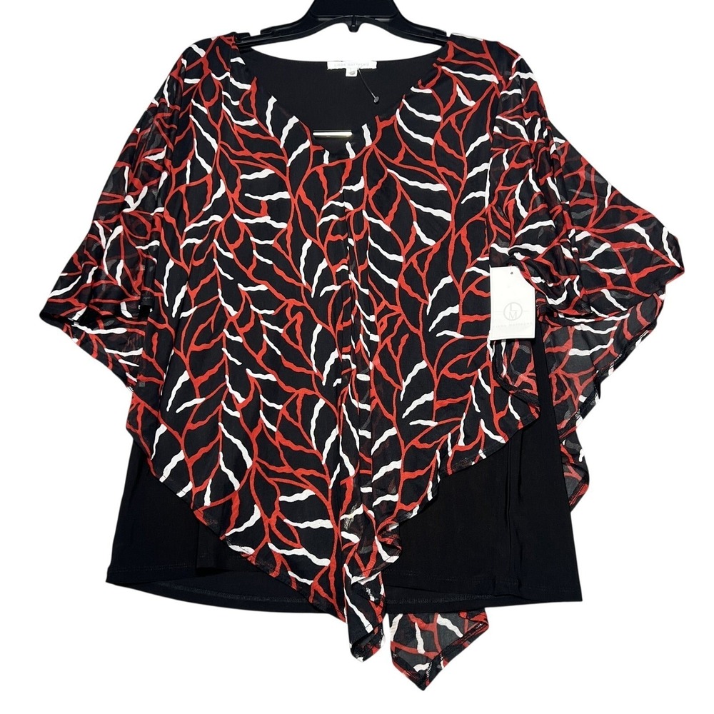 Linda Matthews Women's L Layered Blouse Red Black White Leaf Print V-Neck Poncho